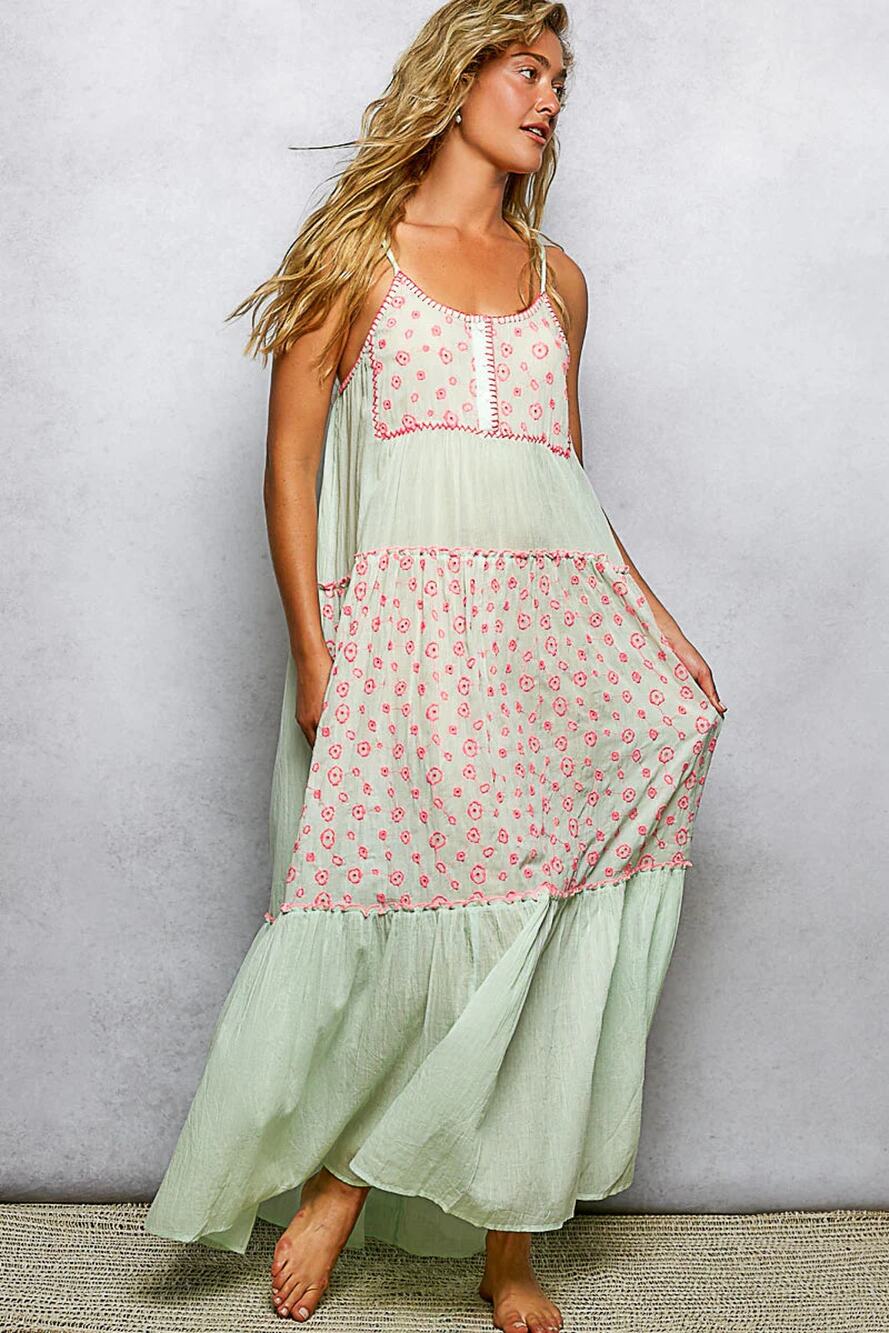 POL Mint Multi Contrast Embroidery Sleeveless Dress